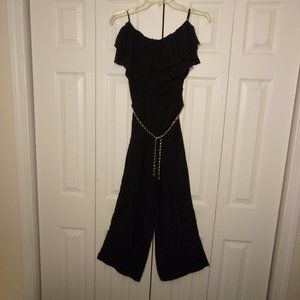 POMPOSE GIRLY BLACK LIGHT SLEEVELESS JUMPSUIT W/RUFFLES & GOLD CHAIN BELT, M